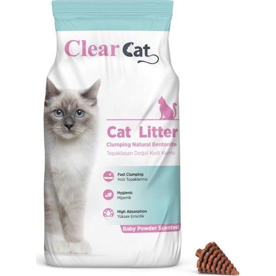 Clear Cat Bebek Pudrasi Kokulu 10 Kg İnce Taneli Bentonit Kedi Kumu