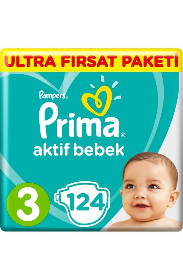 Prima Bebek Bezi Aktif Bebek Ultra Fırsat Paketi 3 Beden 124 Adet